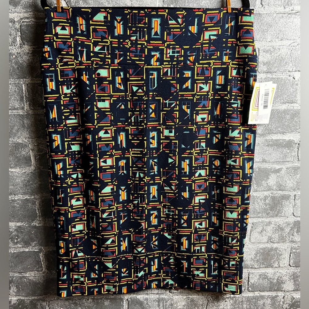 LuLaRoe Cassie Skirt X-Large Black with yellow purple aztez tribal print